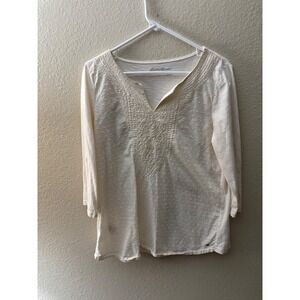 Eddie Bauer Womens Large Cream Cotton Swiss Dot Embroidered 3/4 Sleeve Top A960